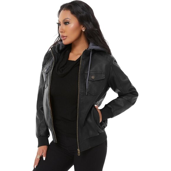 Women Black Faux Leather Waterproof Motorcycle Bomber Biker Jacket - Picture 6 of 8